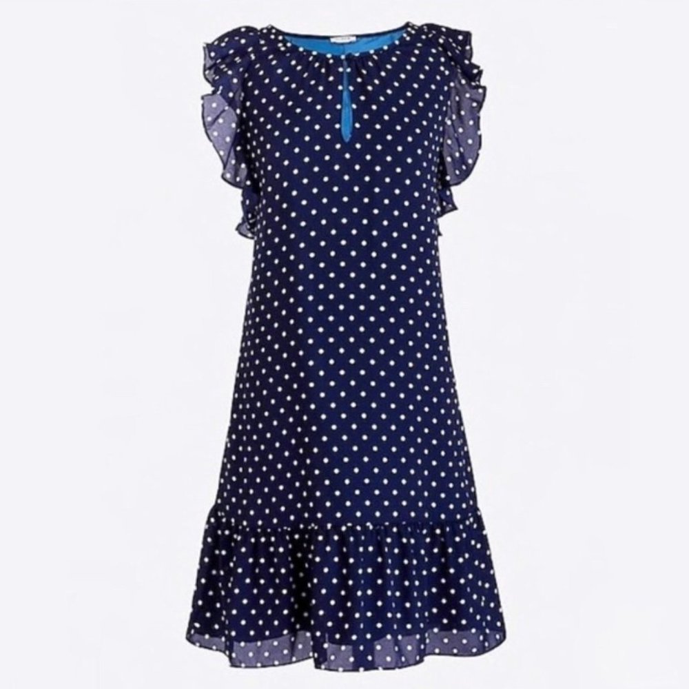 J. Crew Navy Polka Dot Flutter Sleeve Dress…